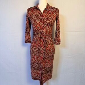 Vintage Rave City Red Tapestry Floral Button Down Belted Midi Shirt Dress Y2K